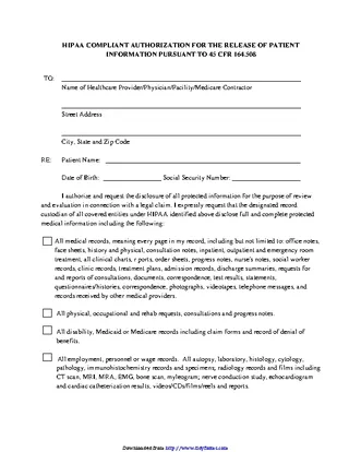 Generic Authorization Medical Release Form