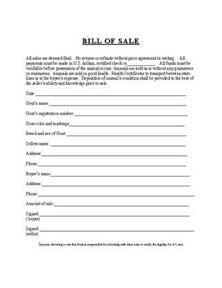 Generic Bill Of Sale For Animal