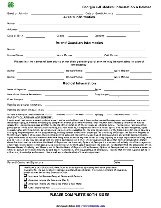 Georgia 4 H Medical Information Release Form