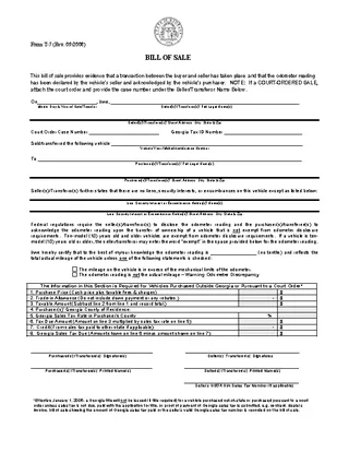 Georgia Motor Vehicle Bill Of Sale Form