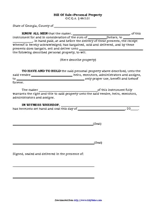 Georgia Personal Property Bill Of Sale Form