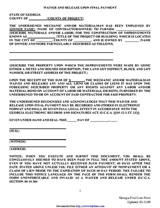 Forms Georgia Waiver And Release Upon Final Payment
