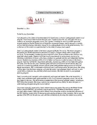 Graduate School Recommendation Letter