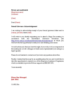 Grievance Acknowledgement Letter