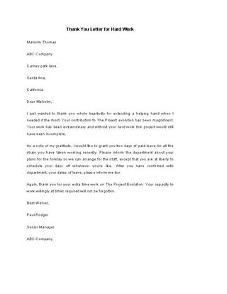 Hard Work Thank You Letter Template