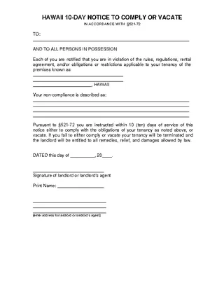 Hawaii 10 Day Notice To Comply Eviction Form