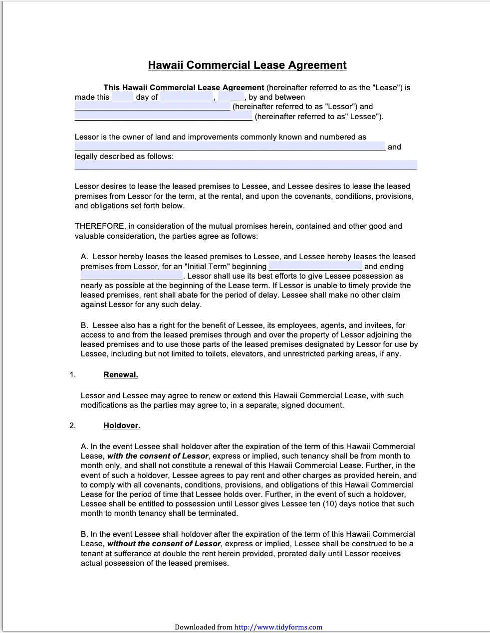 Hawaii Commercial Lease Agreement