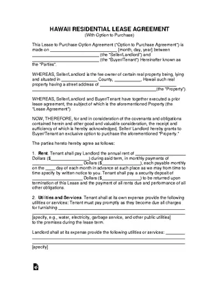 Hawaii Residential Lease With Option To Purchase Form