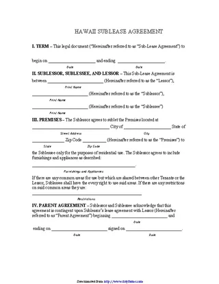 Forms Hawaii Sublease Agreement Form