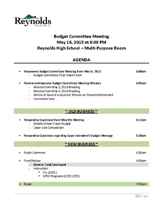 High School Budget Committee Meeting Agenda Sample