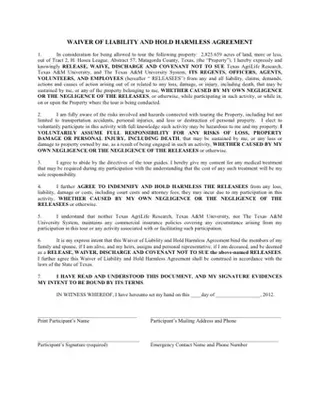 Forms Hold Harmless Agreement Texas PDF
