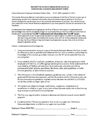 Forms Hr Employee Acknowledgement Manual Template