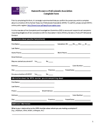 Human Resource Services Compaint Form Free Download Pdf