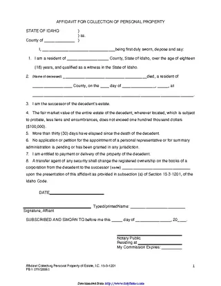 Idaho Affidavit For Collection Of Personal Property Form