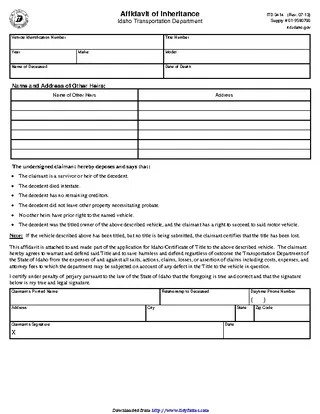 Idaho Affidavit Of Inheritance Transportation Department Form