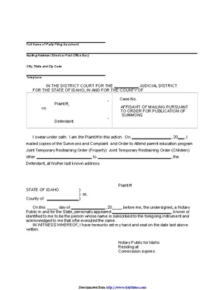 Idaho Affidavit Of Mailing Per Order For Publication Form