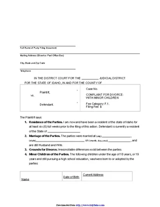 Forms Idaho Complaint For Divorce With Minor Children Form