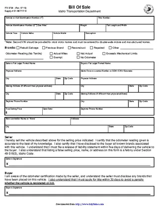 Idaho Dmv Bill Of Sale