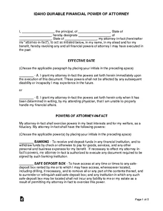 Idaho Durable Financial Power Of Attorney Form