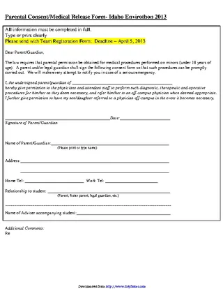 Idaho Parental Consent Medical Release Form