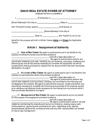 Idaho Real Estate Power Of Attorney Form