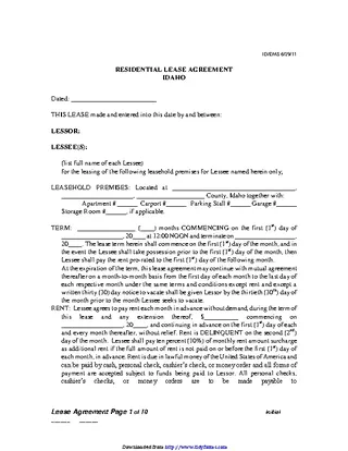 Idaho Residential Lease Agreement Form