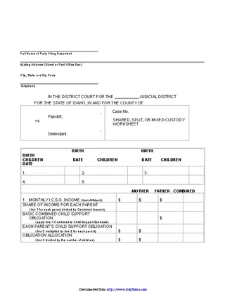 Forms Idaho Shared Or Split Custody Cs Worksheet
