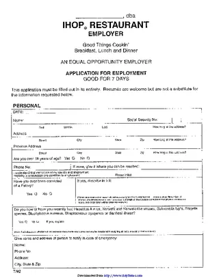 Ihop Restaurant Employer Application For Employment