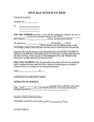 Illinois 5 Day Eviction Notice Form Nonpayment