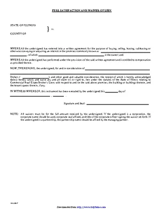 Forms Illinois Full Satisfaction And Waiver Of Lien