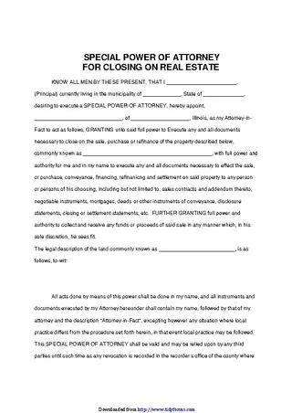 Illinois Special Power Of Attorney For Closing On Real Estate Form