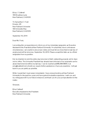 Immediate Resignation Letter Sample Template