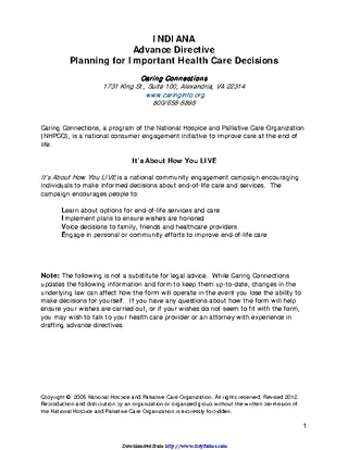 Forms Indiana Advance Health Care Directive Form 1