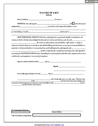 Indiana Final Waiver Of Lien