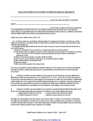 Indiana Health Powers Of Attorney Form For Indiana Residents