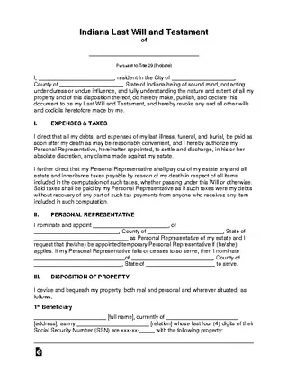 Indiana Last Will And Testament Template