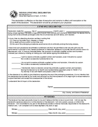 Forms Indiana Living Will Act Declaration Form 55316