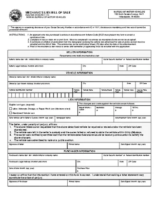 Indiana Mechanics Lien Bill Of Sale 23104