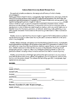 Forms Indiana Model Release Form
