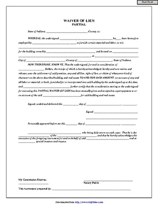 Forms Indiana Partial Waiver Of Lien