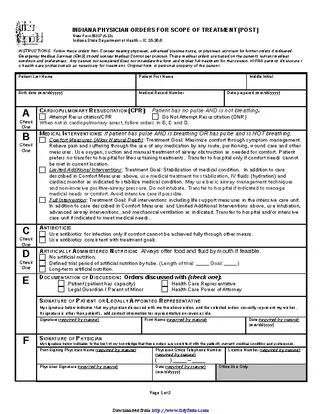 Indiana Physician Orders For Scope Of Treatment Post Form