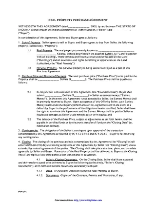 Indiana Real Property Purchase Agreement Form