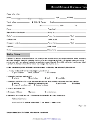 Indiana Youth Medical Release Form