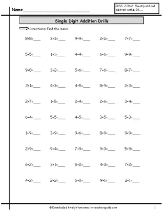 Forms Ingle Digit Addition Drills Worksheet