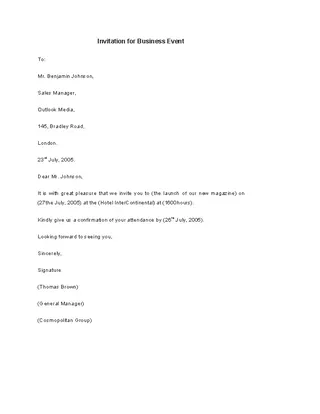 Invitation For Business Event Letter Template