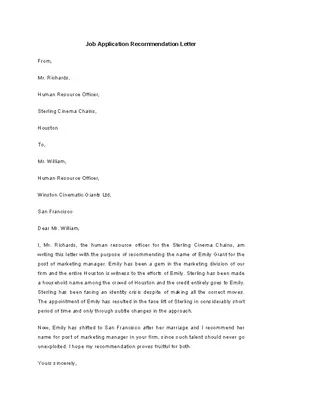 Forms Job Application Recommendation Letter Template