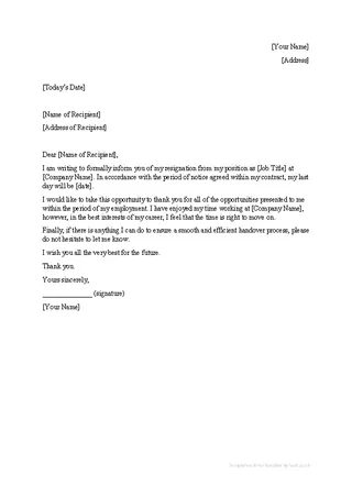 Job Contract Resignation Letter
