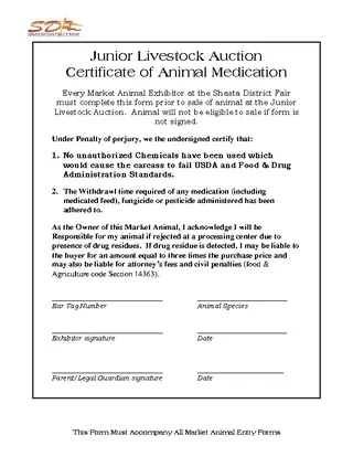 Forms Junior Livestock Auction Certificate Of Animal Medication
