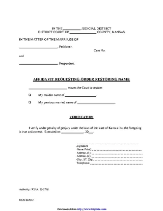 Kansas Affidavit And Order Restoring Name Form