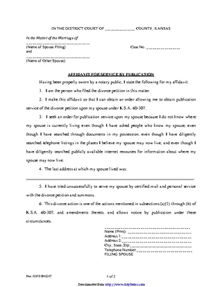 Kansas Affidavit Of Service By Publication Form